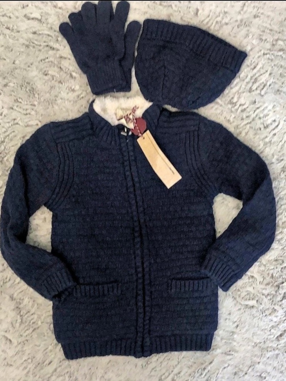 E of M Kids Sherpa-Lined Knit Cardigan with Hat and Gloves NWT